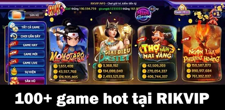 Không gian giải trí đa dạng với 100+ game hot tại Rikvip